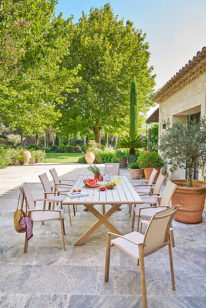Axant stackable dining chair aluminum printed linen honey