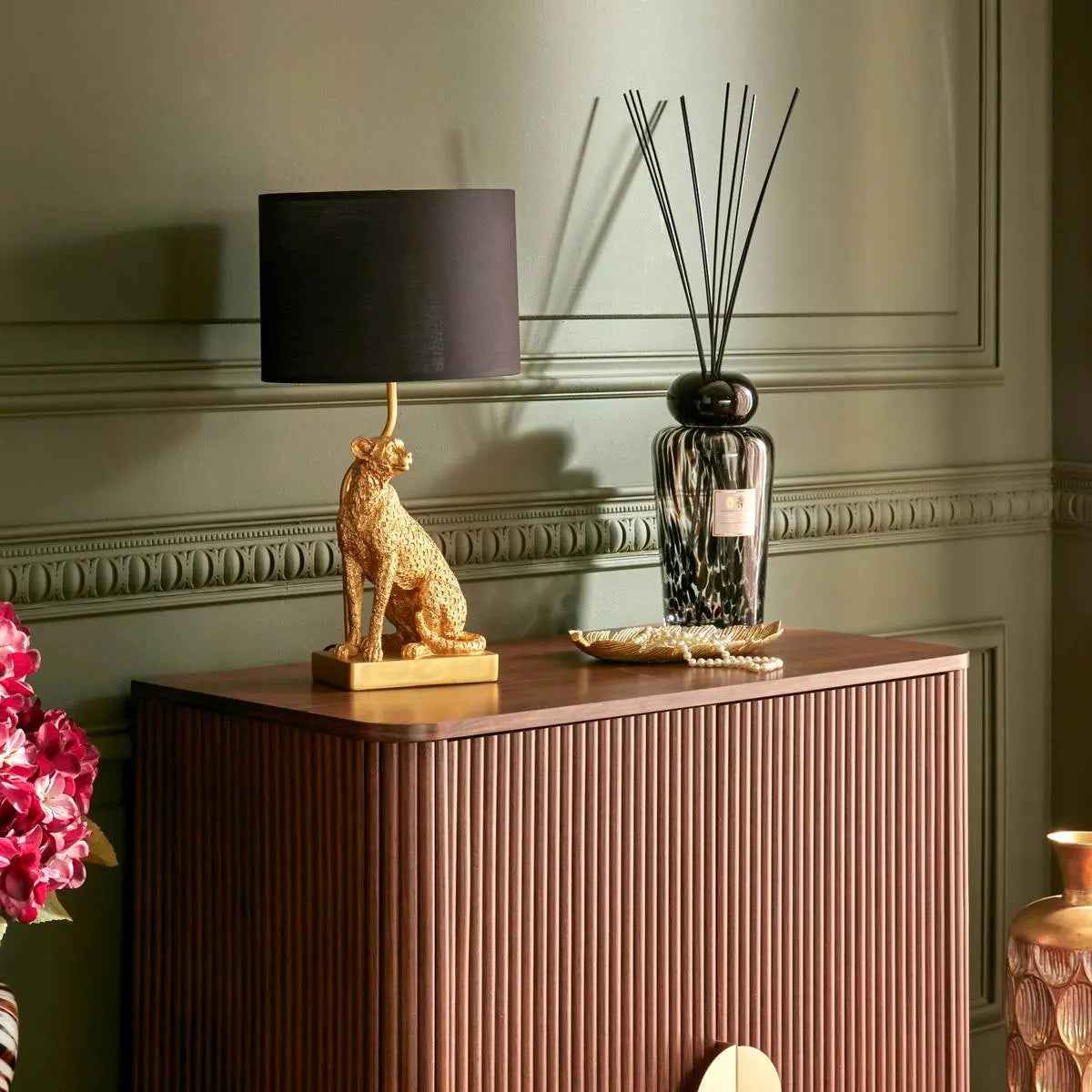 Asztali lámpa Atmosphera Gepi, leopárdmintás, magasság 47.5 cm, aranyszínű