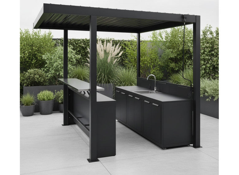 Външна кухня с пергола Hesperide Oxyana, 2 модула, мивка и бар, 258x258x233 cm