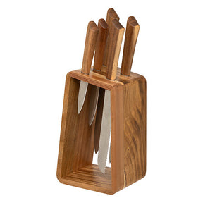 Knife block 5 stainless steel blades with acacia handle L. 15.2 x D. 11.3 x H. 36.3 cm acacia base