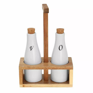 Kassel 93576 olaj- és ecettartó készlet, 3 részes, akácfa és porcelán